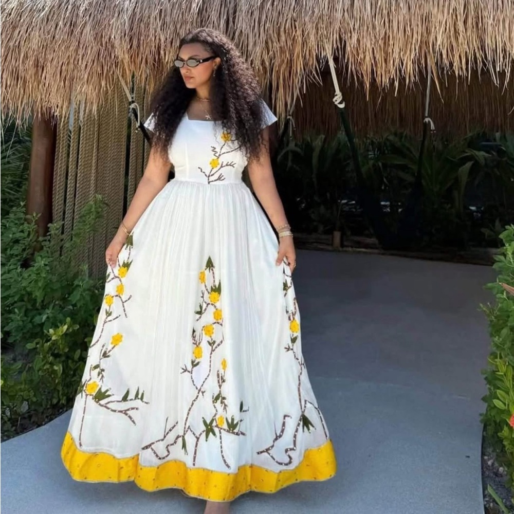 Ethiopian/Eritrean traditional Handmade Maxi Dress with Yellow Floral Design